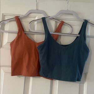 2 Women's V-Neck Crop Exercise Tank Top - Salmon and Slate Blue